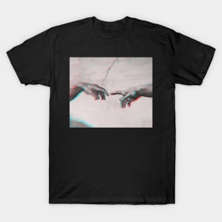 The Creation of Adam in GLITCH - Wall Tapestries Sistine Chapel near-touching hands of God and Adam Red Colorized T-Shirt